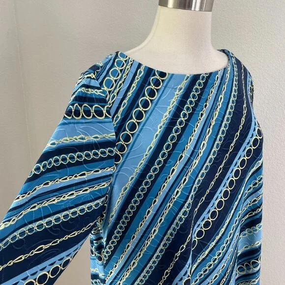Jm Collection Womens Plus 2X Chain Print Blue Stretch Tunic Top 3/4 Sleeve Shirt - Picture 2 of 8